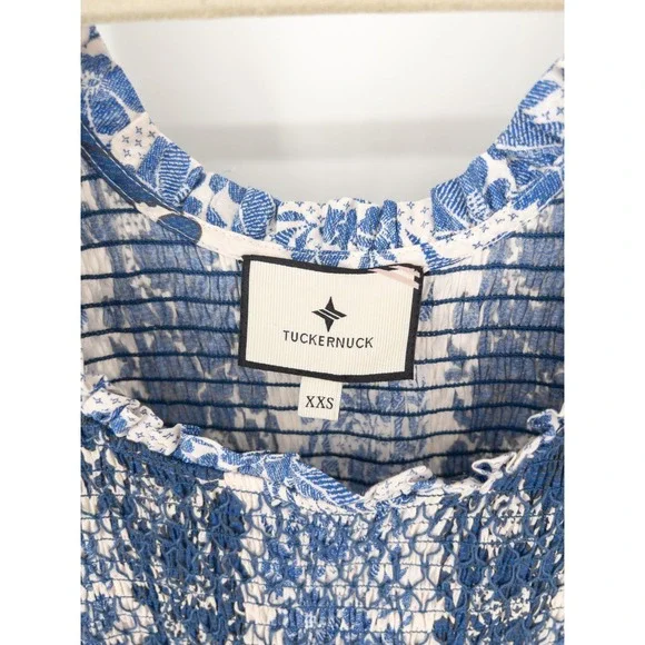 Tuckernuck Bondi Blues Floral Toile Smocked Mallie Midi Dress XXS Cotton Ruffle - Picture 4 of 8